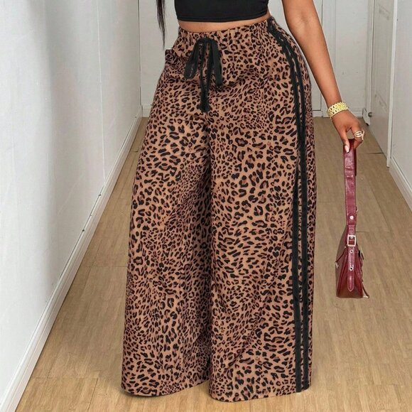 Multicolor Casual Women's Versatile Leopard Pants plus size curve - Picture 1 of 7